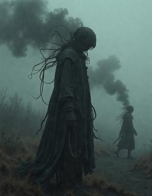 The primary subject of the image is a person dressed in a long, dark robe, standing in a foggy, misty environment. The person appears to be a witch or a ghost-like figure, with a long, flowing robe and a staff. The setting is a dirt road, and the visual style is a combination of photo and digital art. The colors and mood of the image are dark and mysterious, with the fog and mist creating a sense of eeriness and mystery.